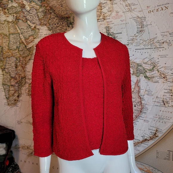 Valerie Stevens Petite ruched textured 100% silk red tank round neck classic 12P - Picture 3 of 12
